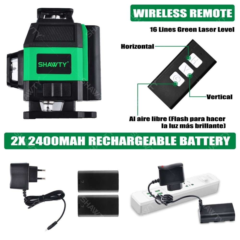 SHAWTY S0035G 4D 360° 16-Line Laser Level 2 Batteries,Remote,Tile Construction for Tile Construction