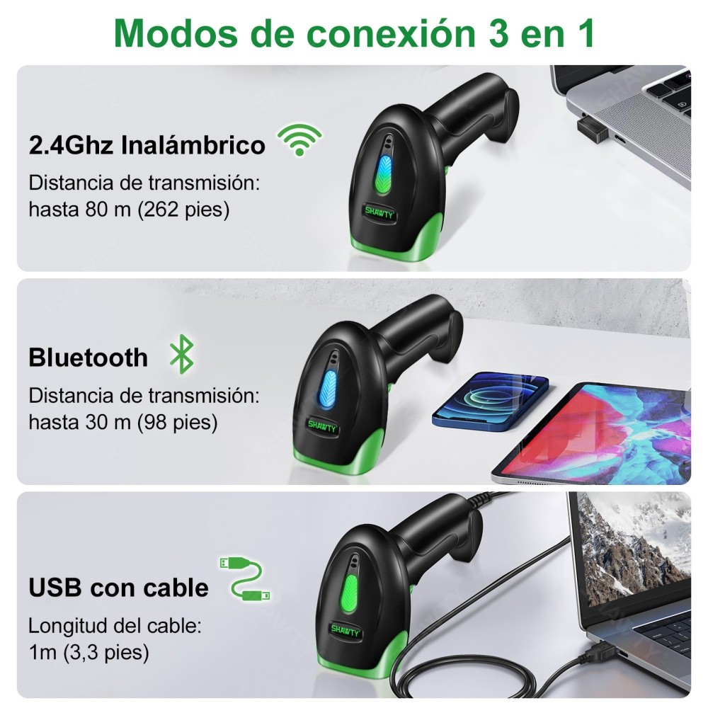 SHAWTY S0122 Bluetooth Scanner 1D/2D  Wireless 2.4GHz + USB, Compatible Android/iOS/PC/Windows/Mac
