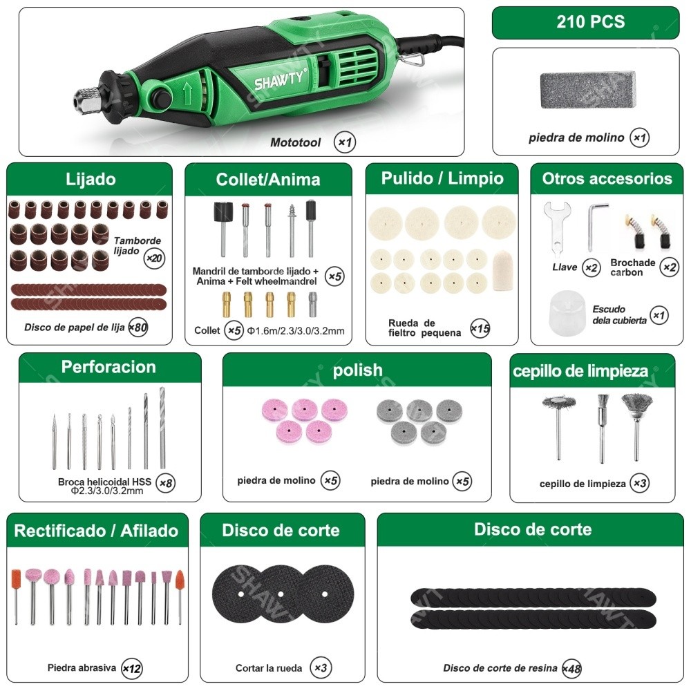 SHAWTY S0001-210 Mini MotoTool Grinder 180W 36000RPM, 5 Velocidades, 210PCS Molienda/Pulido/Corte