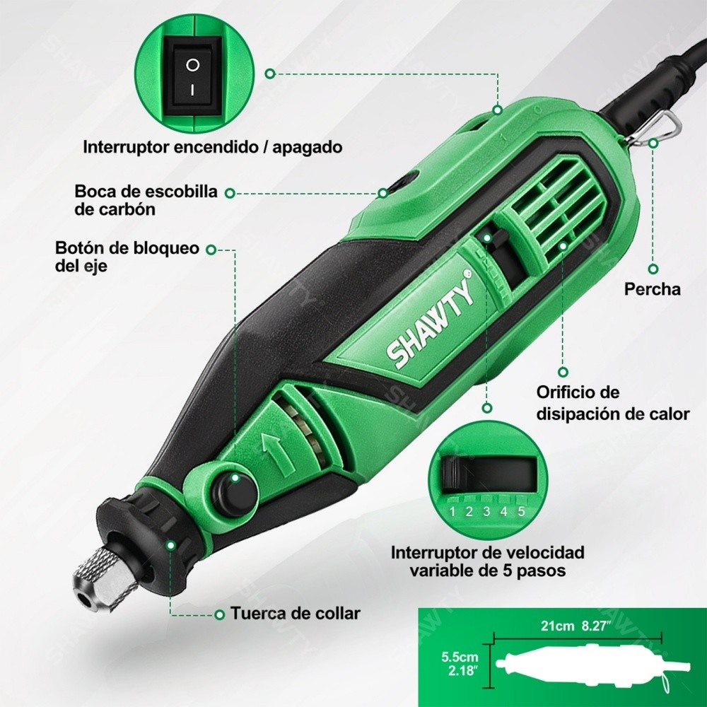 SHAWTY S0001-210 Mini MotoTool Grinder 180W 36000RPM, 5 Velocidades, 210PCS Molienda/Pulido/Corte