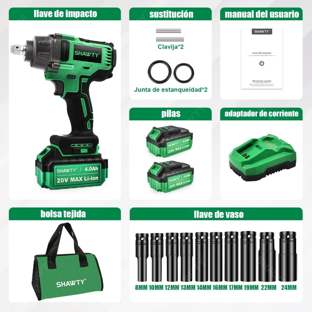SHAWTY S0066 Cordless Impact Wrench, 650 N.m, Brushless, 1/2" Chuck, 10 Sockets, 4Ah Battery