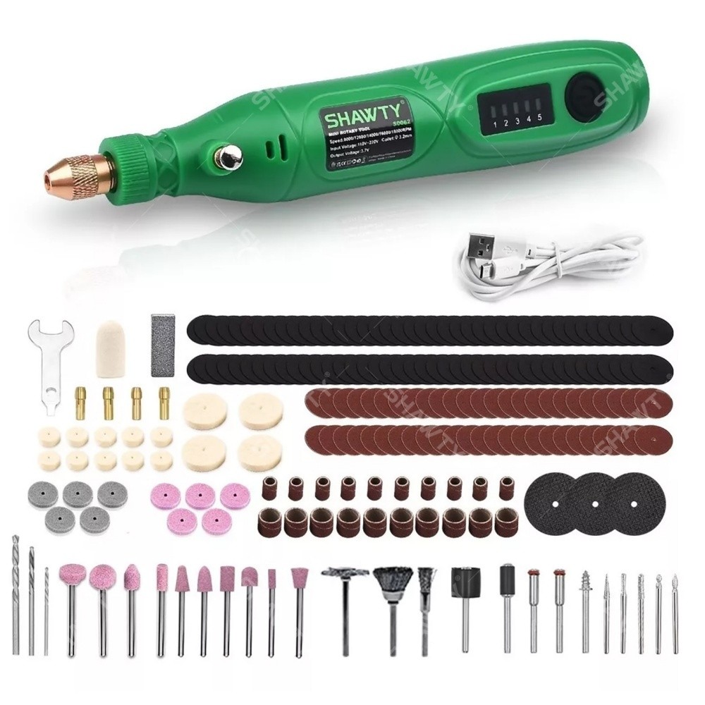 SHAWTY S0062-210 Mini Rotary Tool USB 18000RPM, 210 Accesorios, Multifunción Lijado/Pulido/Grabado