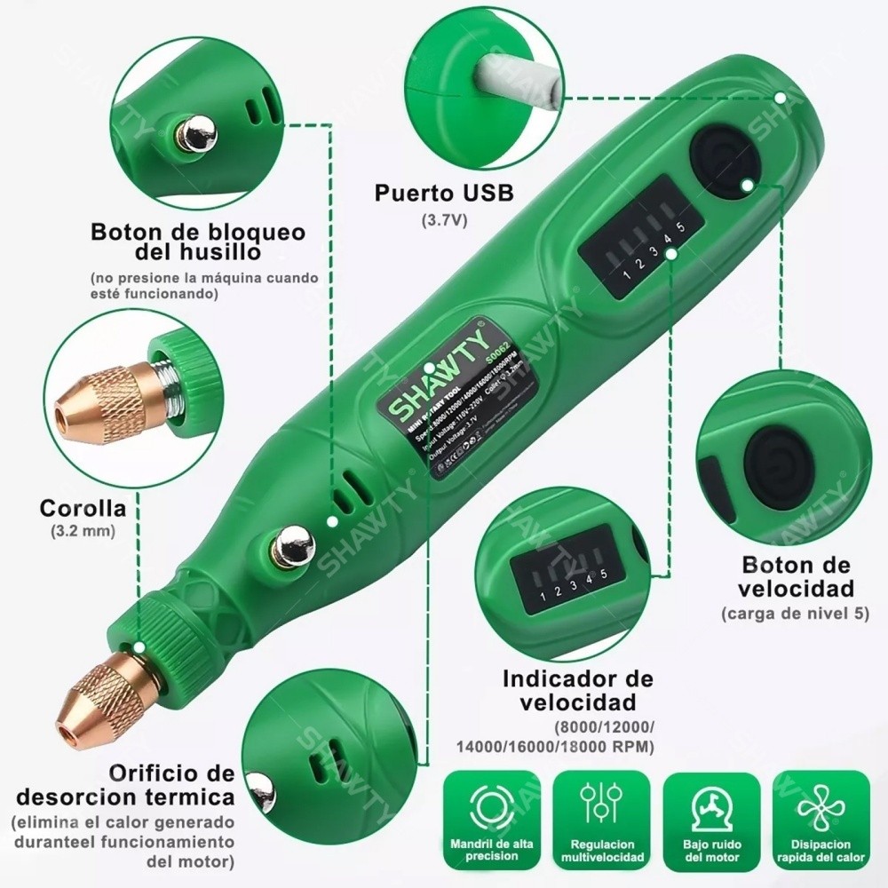 SHAWTY S0062-210 Mini Rotary Tool USB 18000RPM, 210 Accesorios, Multifunción Lijado/Pulido/Grabado