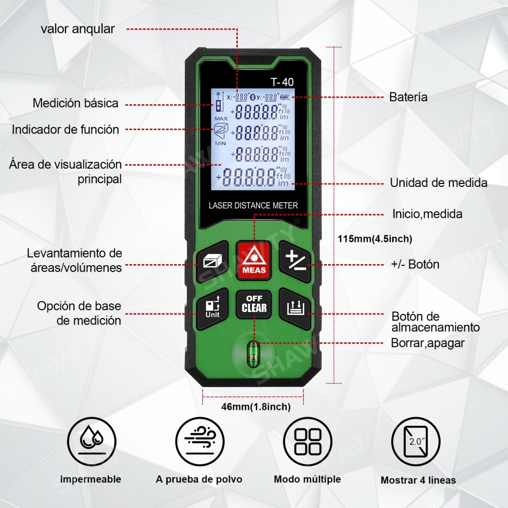 SHAWTY S0102A Laser Distance Meter 50m, LCD Retroiluminado, Silencioso, para Hogares/Edificios/Zonas