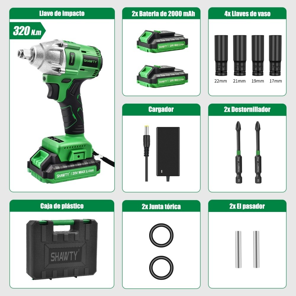 SHAWTY S0048B Cordless Impact Wrench Set 320 Nm, 2400 RPM, 1/4" Chuck, 2 Batteries