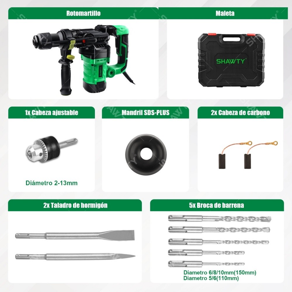 SHAWTY S0010B 13-Piece SDS Rotary Hammer Drill, 1600W, Safety Clutch, Bits & Chisels for Concrete