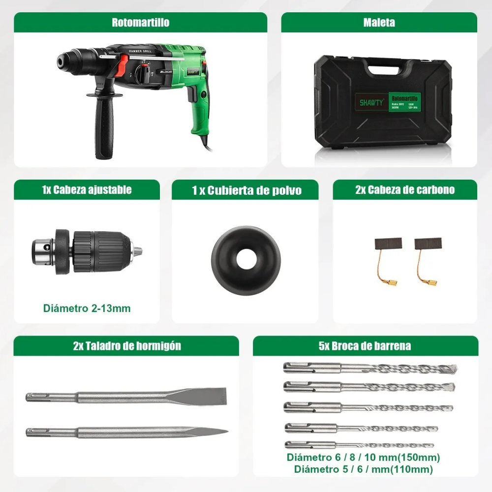 SHAWTY S0012B SDS-Plus Hammer Drill,1050W 900RPM,5 Accessories & Tool Box for Drilling/Hammering