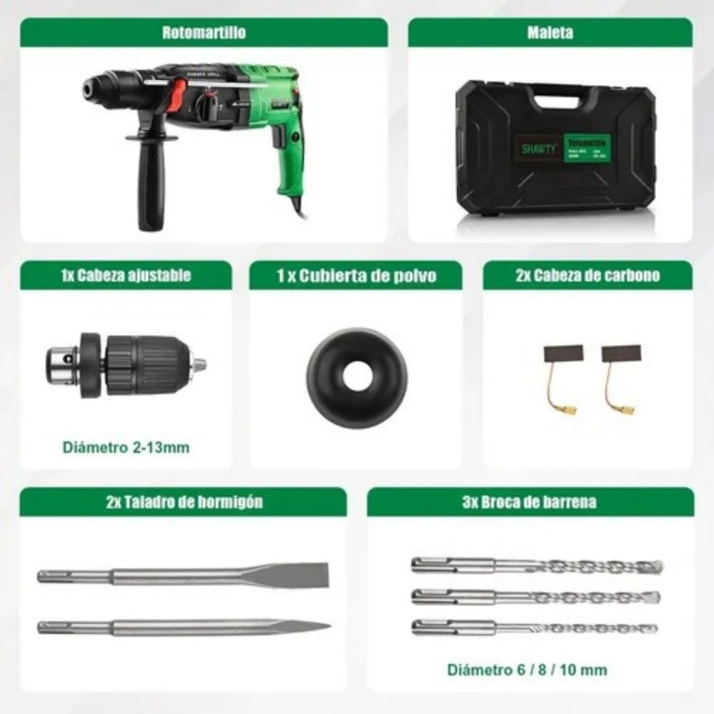 SHAWTY S0012 SDS-Plus Hammer Drill, 1050W 900RPM, 5 Accessories & Tool Box