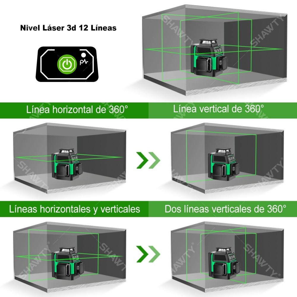 SHAWTY S0034GS 12-Line Green Self-Leveling Laser Horizontal/Vertical, 2 Batteries + Remote