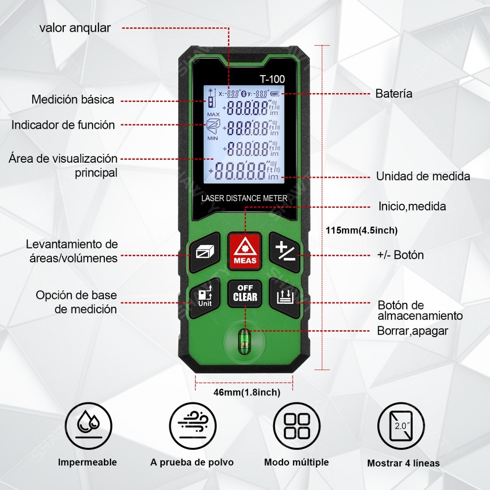 SHAWTY S0102D 100m Laser Distance Meter,±1.5mm High Precision,LCD Backlight,Mute for Homes/Buildings
