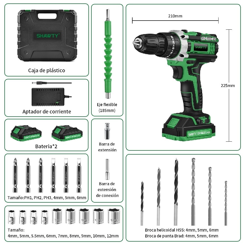 SHAWTY S0007 3/8" 20V Cordless Drill/Driver, 38N.m, 28 Hammer Drills + Accessories