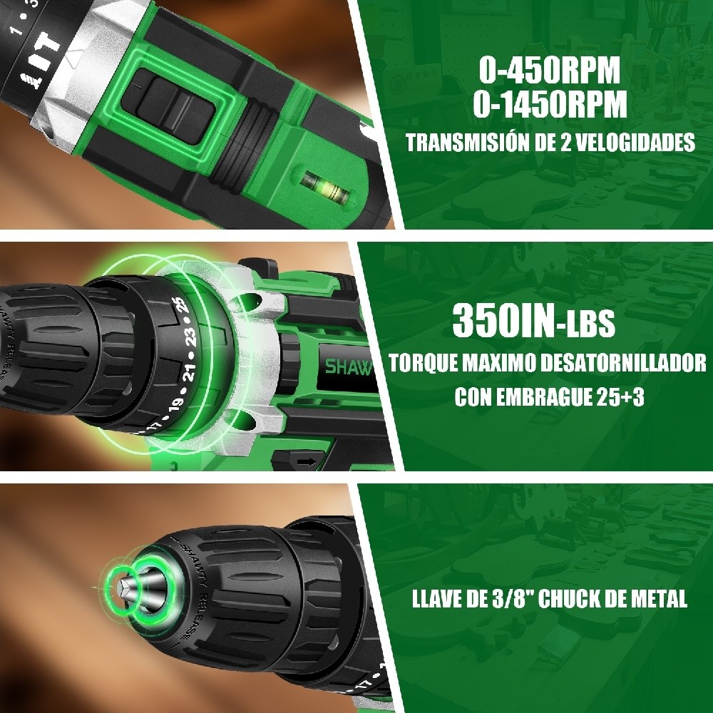 SHAWTY S0007 3/8" 20V Cordless Drill/Driver, 38N.m, 28 Hammer Drills + Accessories
