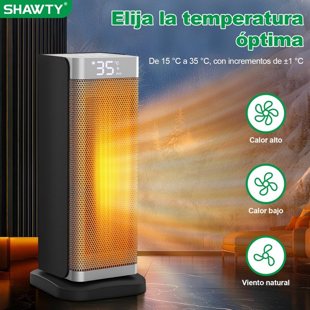 SHAWTY YND-2000C Calentador PTC 1500W - Oscilación 70°,2 en 1, temporizador 12h, seguro, silencioso