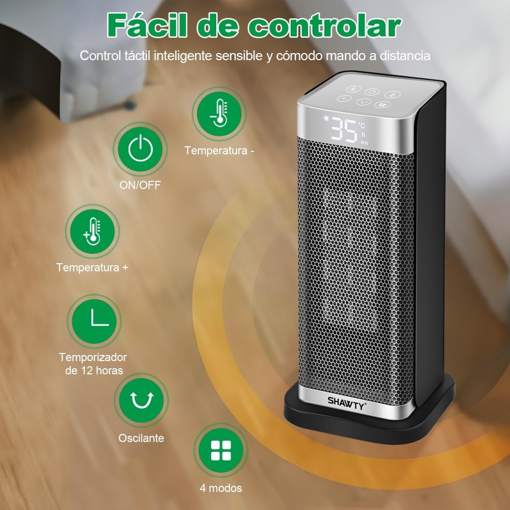 SHAWTY YND-2000C Calentador PTC 1500W - Oscilación 70°,2 en 1, temporizador 12h, seguro, silencioso