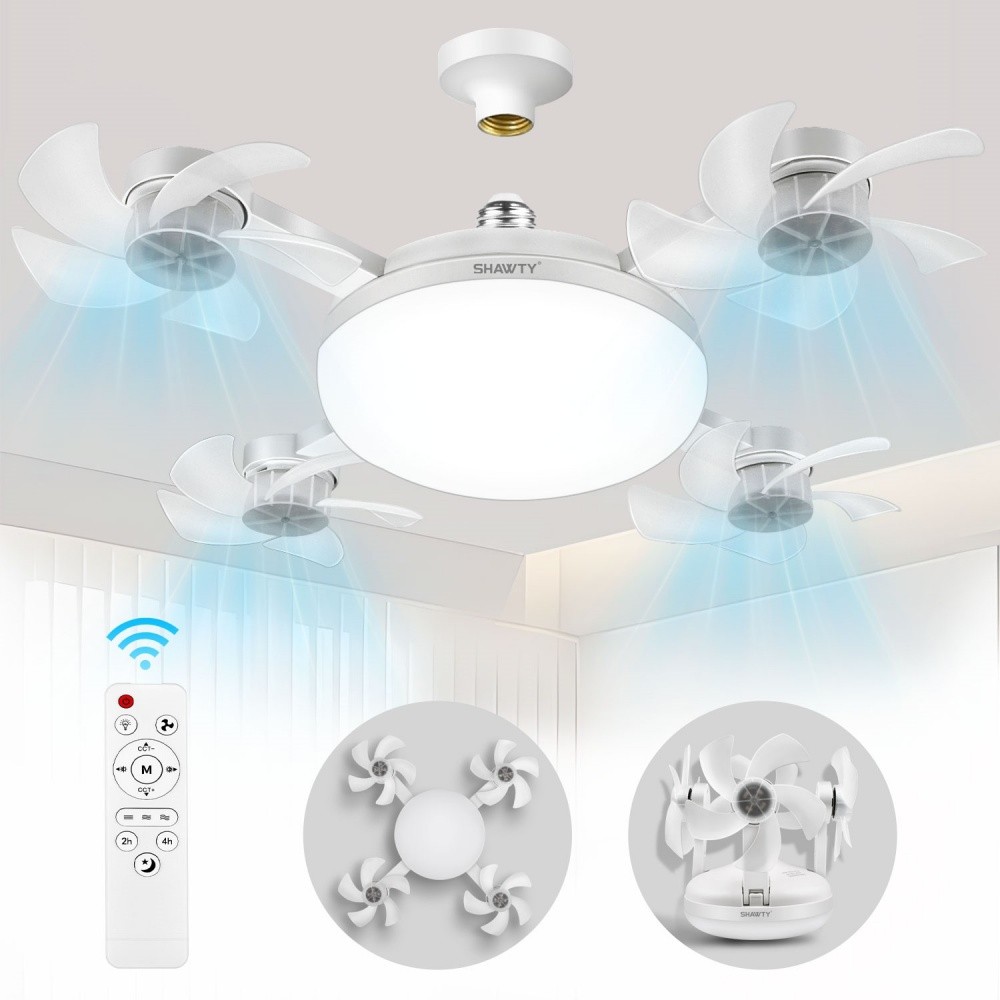 SHAWTY S0131 White Ceiling Fan Lamp 4-Blade Foldable,Dimmable,3 Color Temps/3 Speeds,E26/E27 Plug-in