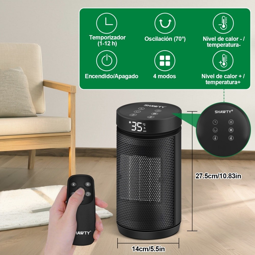 SHAWTY YND-1200Y 1500W PTC Heater 12H Timer, 4 Settings, 70° Oscillation, Remote, Home/Office Use