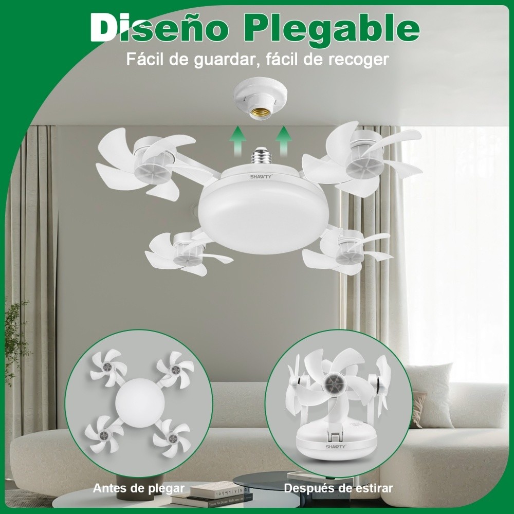 SHAWTY S0131 White Ceiling Fan Lamp 4-Blade Foldable,Dimmable,3 Color Temps/3 Speeds,E26/E27 Plug-in
