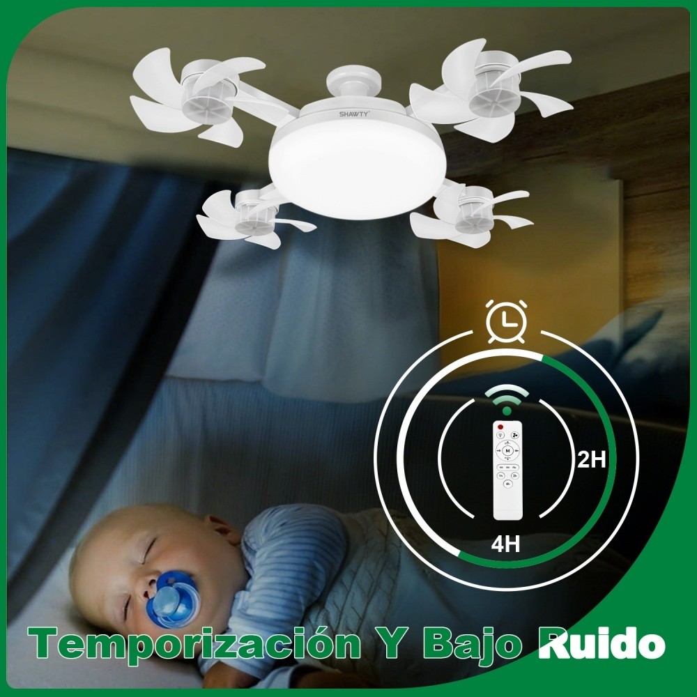 SHAWTY S0131 White Ceiling Fan Lamp 4-Blade Foldable,Dimmable,3 Color Temps/3 Speeds,E26/E27 Plug-in