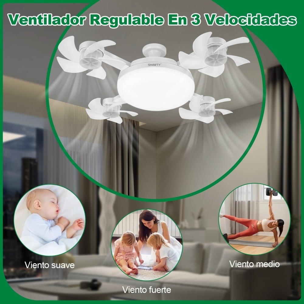 SHAWTY S0131 White Ceiling Fan Lamp 4-Blade Foldable,Dimmable,3 Color Temps/3 Speeds,E26/E27 Plug-in