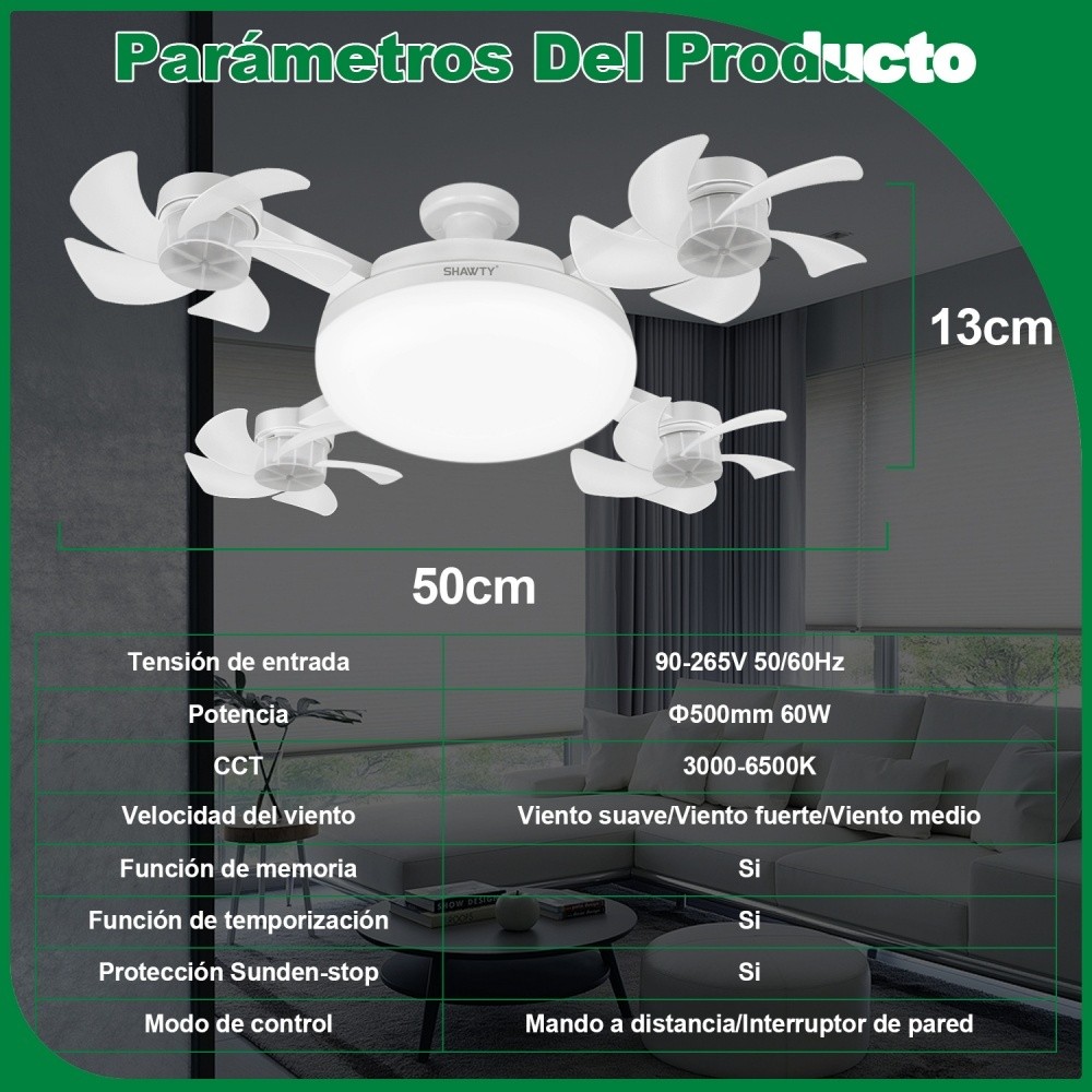 SHAWTY S0131 White Ceiling Fan Lamp 4-Blade Foldable,Dimmable,3 Color Temps/3 Speeds,E26/E27 Plug-in