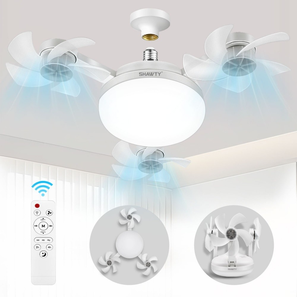 SHAWTY S0130 Folding Ceiling Fan with Light-3-Blade, 50W, 3 Speeds, Remote, E26/E27, Bedroom/Office