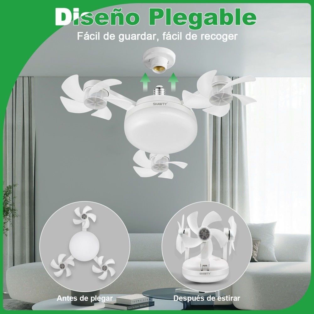 SHAWTY S0130 Folding Ceiling Fan with Light-3-Blade, 50W, 3 Speeds, Remote, E26/E27, Bedroom/Office