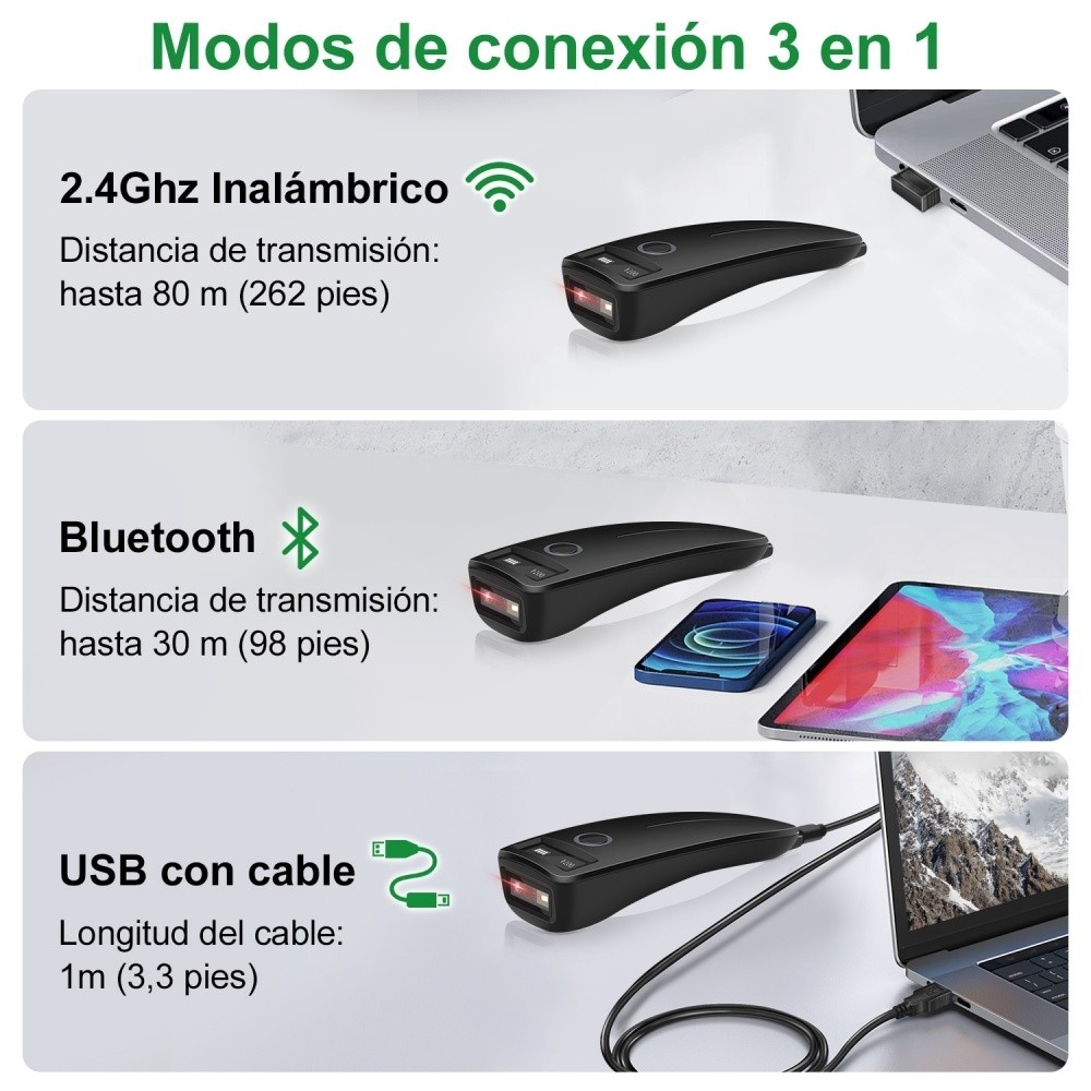 SHAWTY S0121 1D/2D/QR Wireless  Bluetooth Barcode Scanner - 2.4GHz+USB, Win/Mac/Phone/PC Compatible 
