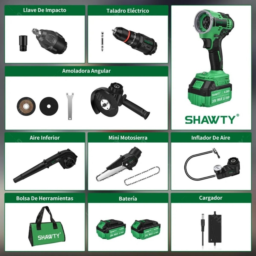 SHAWTY S0009 6-in-1 20V Cordless Tools - 2×4.0Ah Batteries+6 Power Tools Drill/Grinder/Inflator etc
