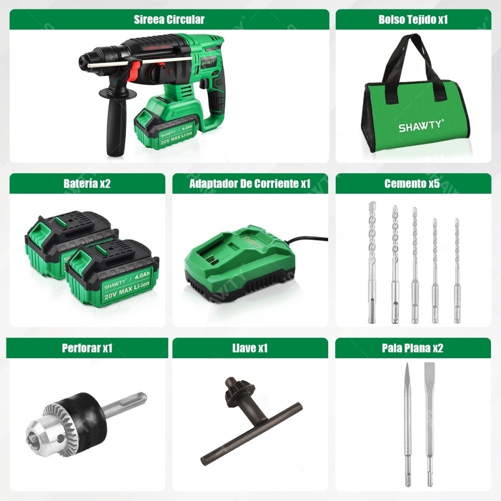 SHAWTY S0011B Rotary Hammer Demolition Hammers 1600W 18V  2 Baterías de 4.0 Ah Rotary Hammer