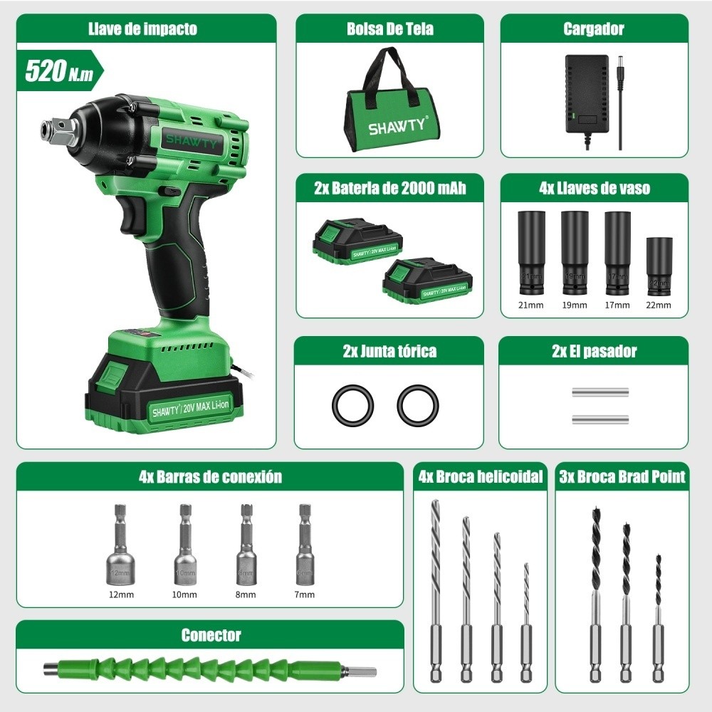 SHAWTY S0017A Cordless Impact Wrench Set - 1/2" Chuck, 520N.m, 2400RPM + 2 Batteries