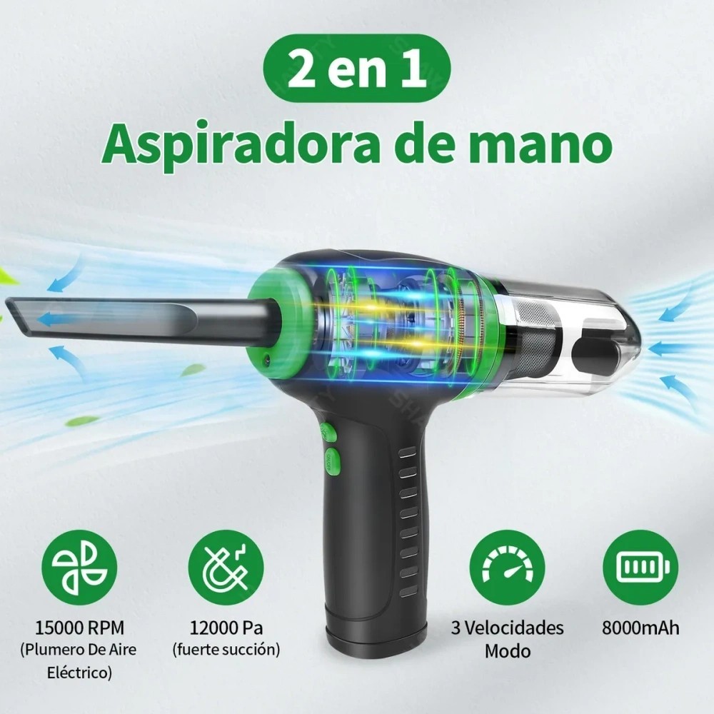 SHAWTY S0091 Cordless 2-in-1 Air Blower - 15000rpm LED, Cleans Car/Home/Computer/Pet Hair