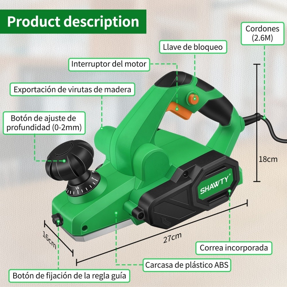 SHAWTY S0092 Professional 1800W Wood Planer - 3-1/4" 18000RPM, Handheld DIY Lumber Tool