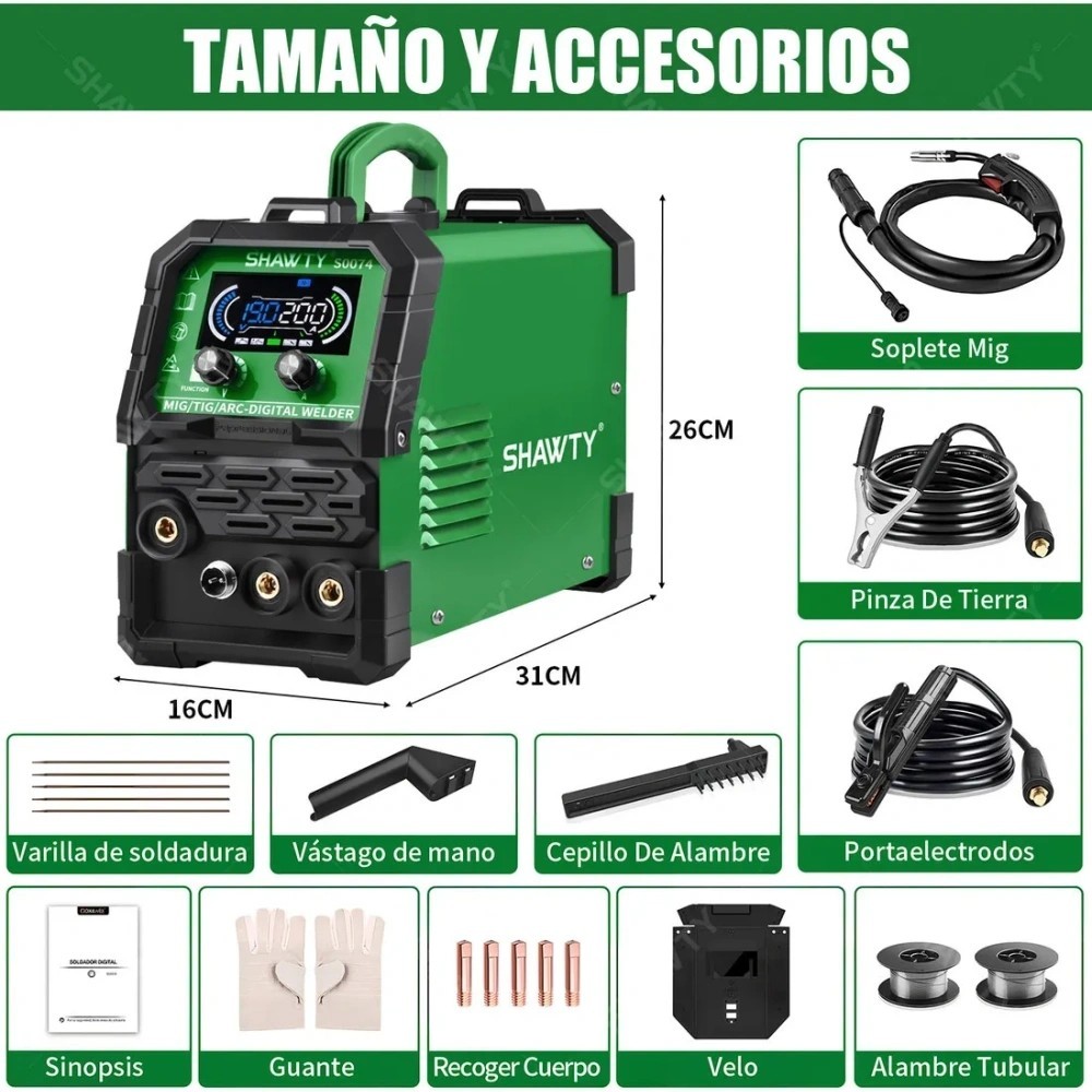 SHAWTY S0074 200A 3-in-1 Inverter Welder - MIG/MMA/TIG, IGBT 110V, LED Display, Home/Industry Use