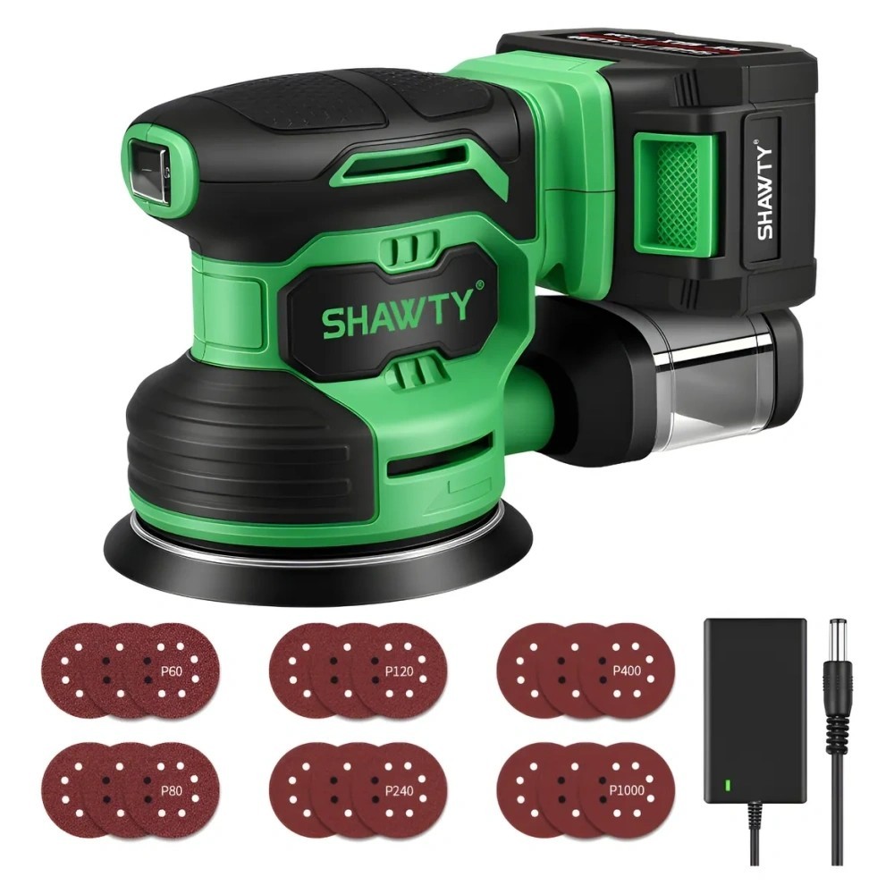 SHAWTY S0078 20V 5-Inch Cordless Sander - 7 Speeds, 18 Discs, 2000mAh, Woodworking Kit