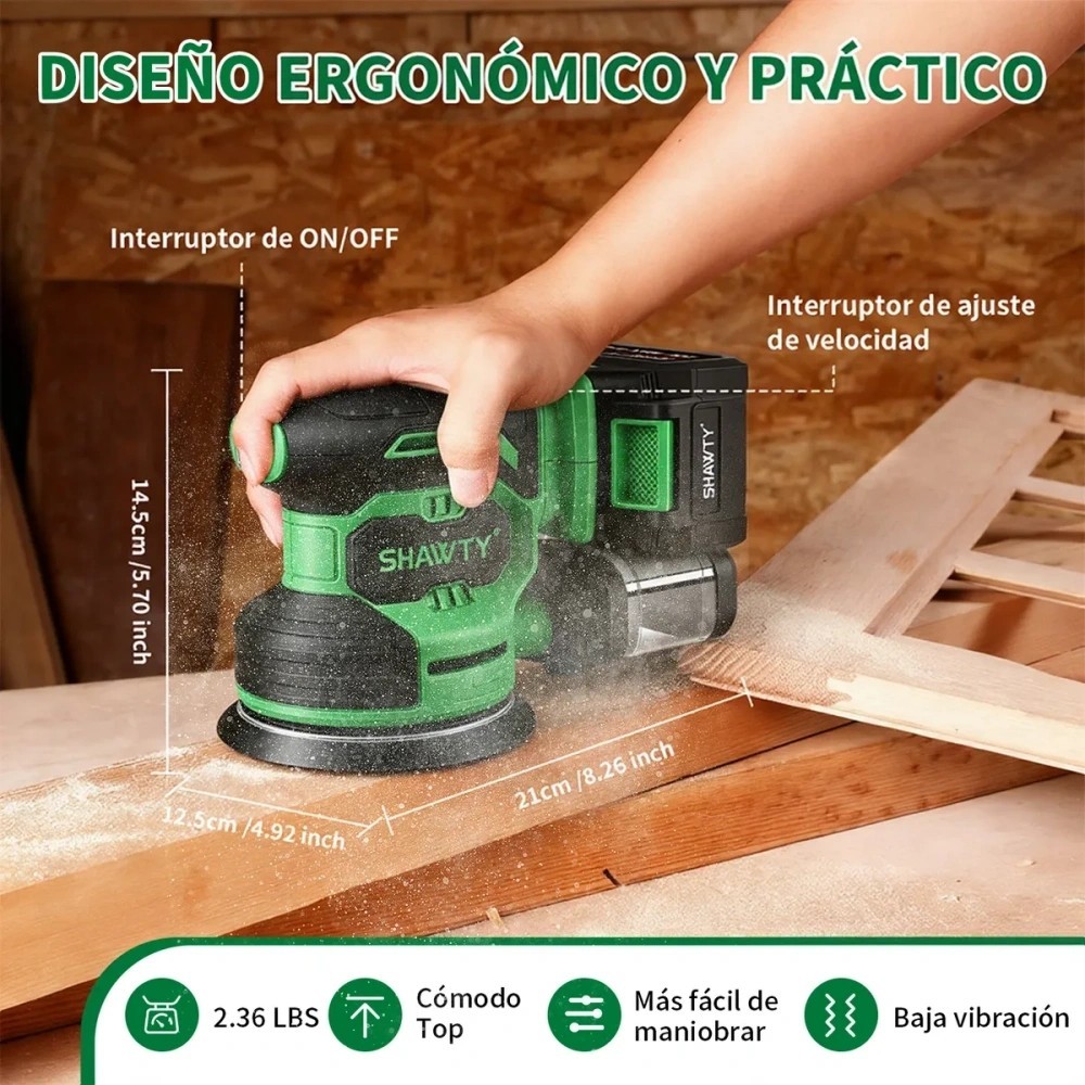 SHAWTY S0078 20V 5-Inch Cordless Sander - 7 Speeds, 18 Discs, 2000mAh, Woodworking Kit