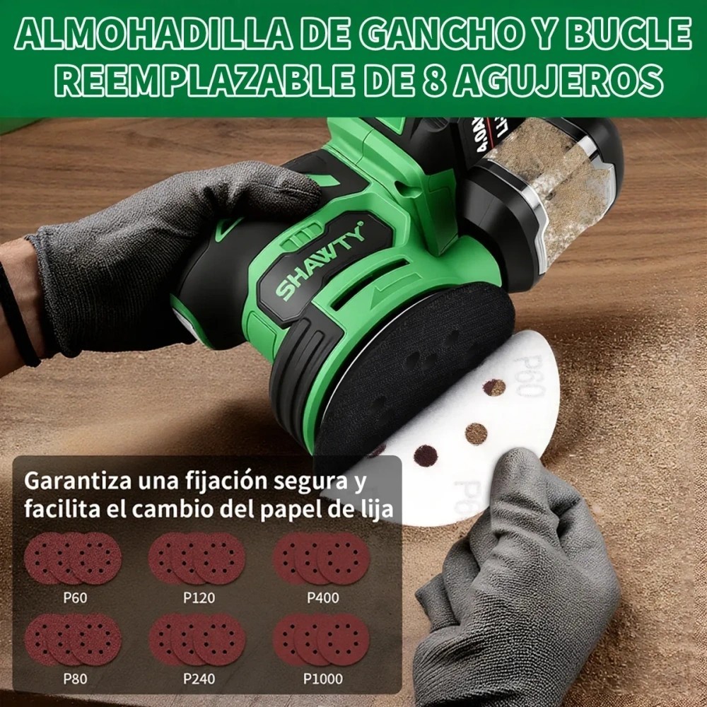 SHAWTY S0078 20V 5-Inch Cordless Sander - 7 Speeds, 18 Discs, 2000mAh, Woodworking Kit