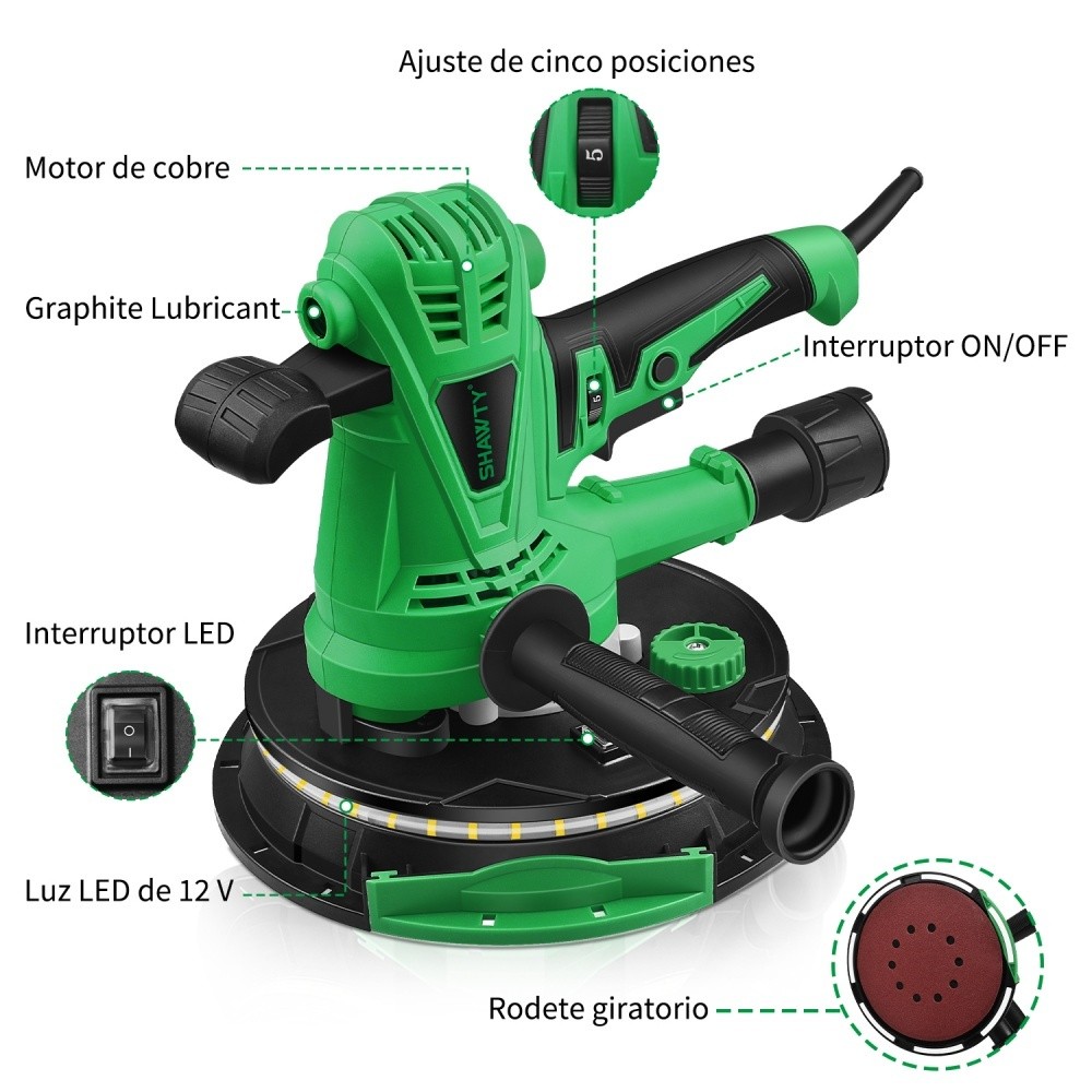 SHAWTY S0080 1500W Handheld Orbital Sander - 5 Speeds 2600RPM, Dust Extraction, 12×210mm Discs
