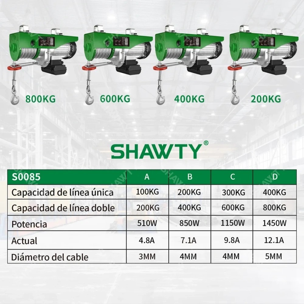 SHAWTY S0085D 400/800KG Electric Hoist - 30M Lift, Remote, Emergency Stop, Dual Cable Mode