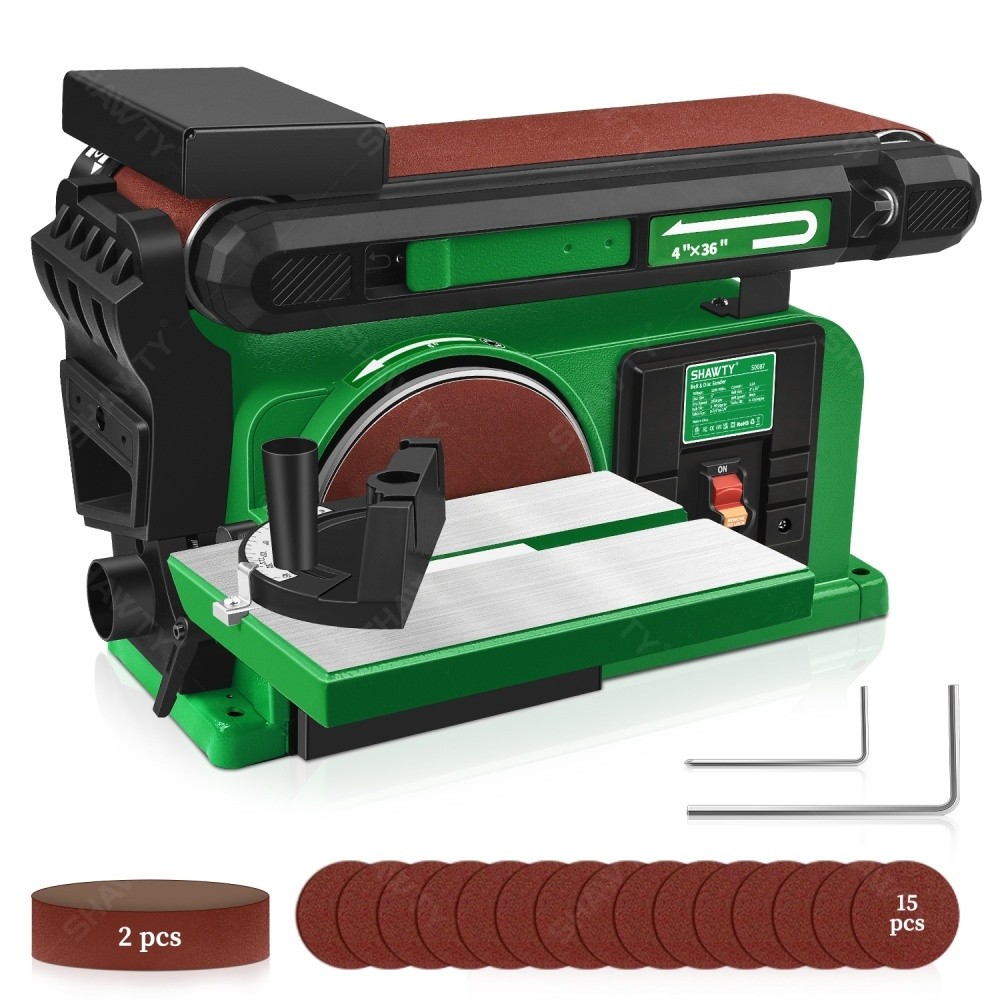 SHAWTY S0087 650W Bench Belt/Disc Sander - 4x36", 3550RPM, Wood/Metal, 2 Belts+15 Sheets