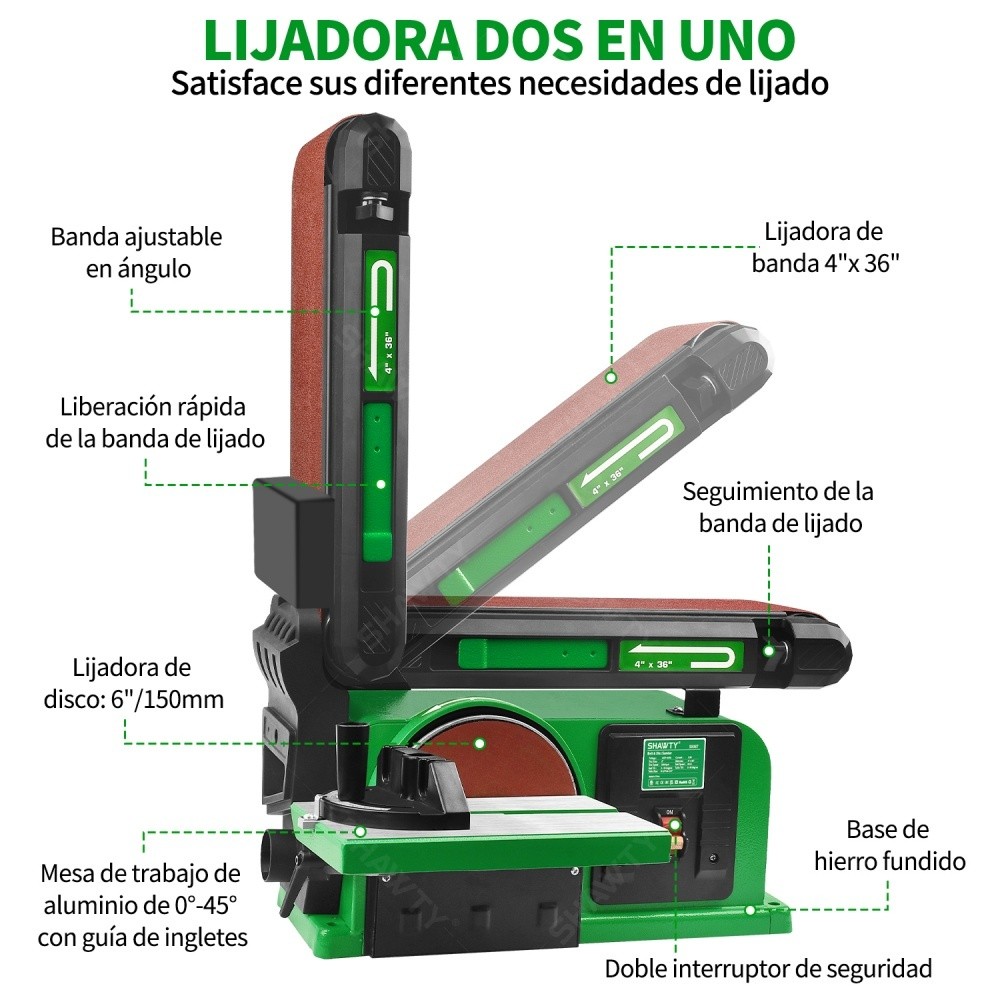 SHAWTY S0087 650W Bench Belt/Disc Sander - 4x36", 3550RPM, Wood/Metal, 2 Belts+15 Sheets