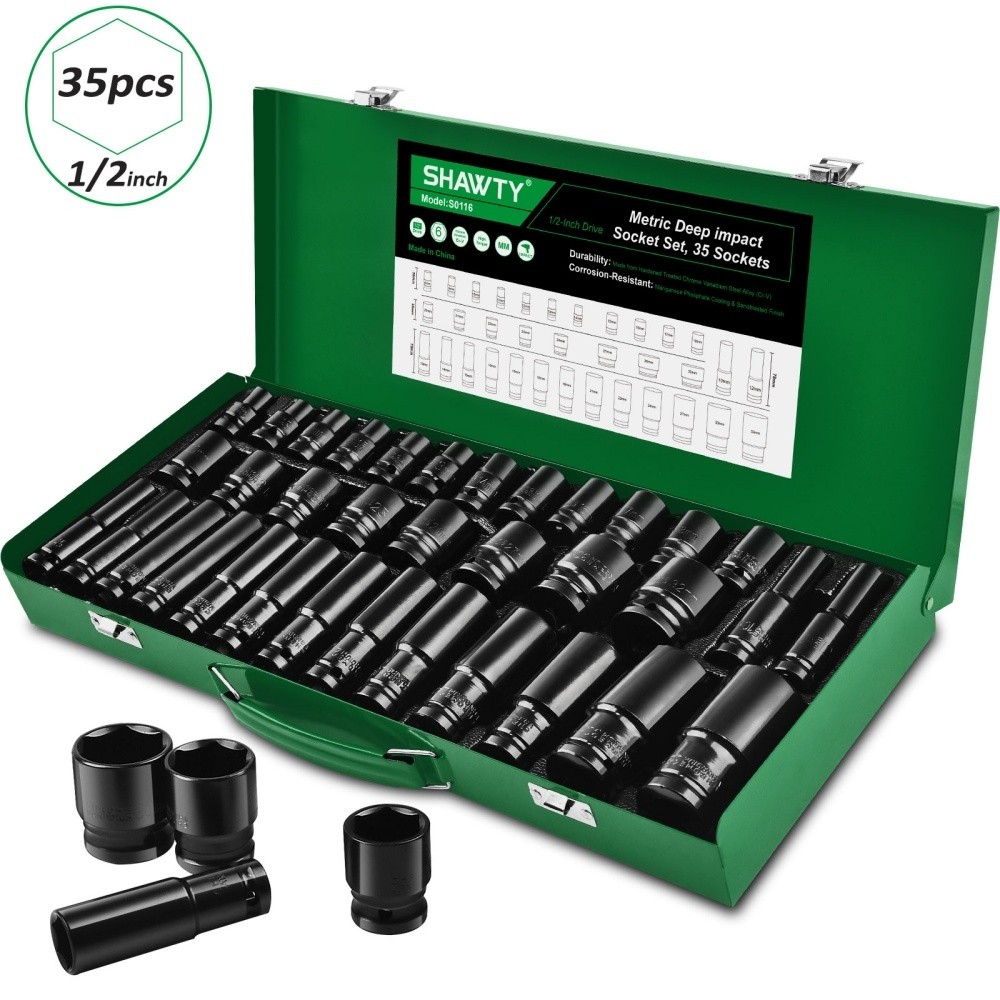 SHAWTY S0116 35 - PCS 1/2" Impact Socket Set – 12.5mm, CR-V Steel, Car Repair Pneumatic Tool