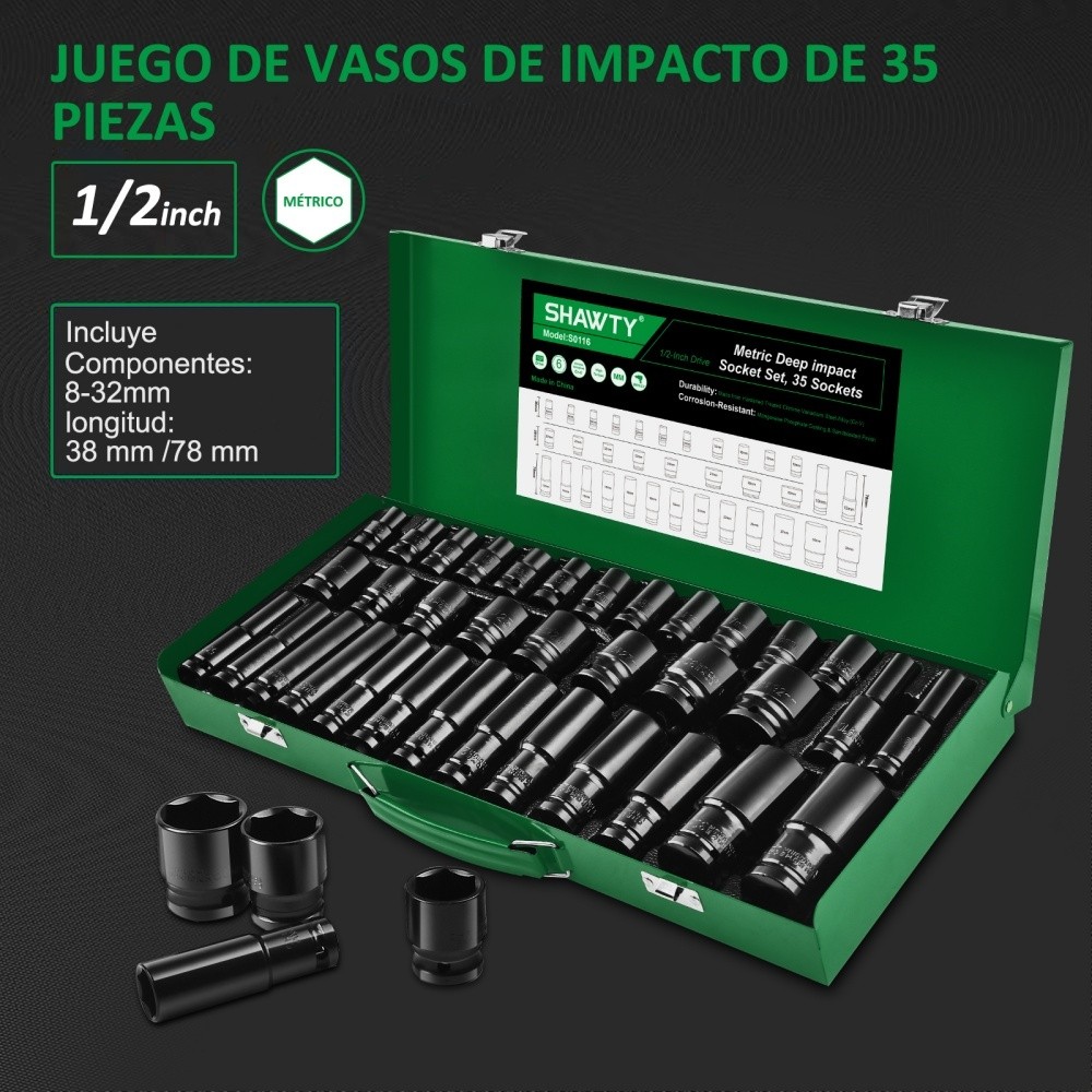 SHAWTY S0116 35 - PCS 1/2" Impact Socket Set – 12.5mm, CR-V Steel, Car Repair Pneumatic Tool
