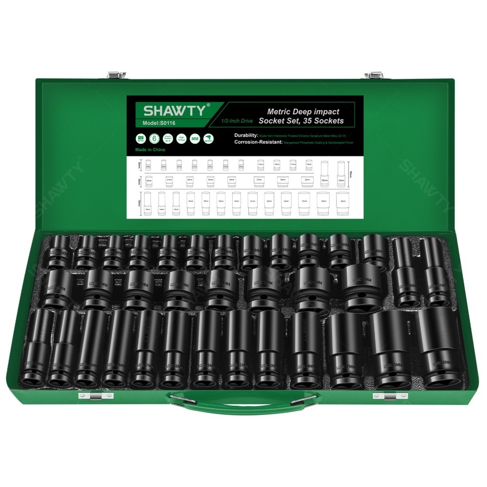 SHAWTY S0116 35 - PCS 1/2" Impact Socket Set – 12.5mm, CR-V Steel, Car Repair Pneumatic Tool