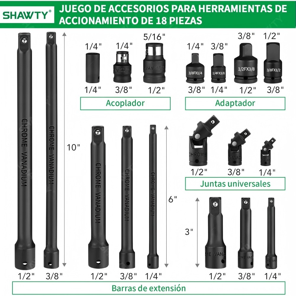 SHAWTY S0117 18-Piece Drill Adapter Set – 1/4-1/2" CR-V Extension Bars, Joints, Couplers