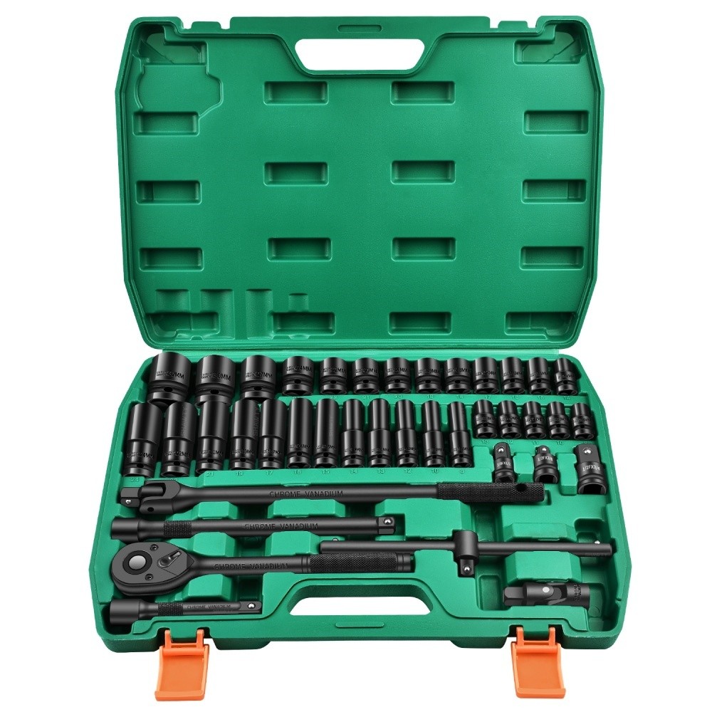 SHAWTY S0118 40-Piece 1/2" High Impact Socket Set, CR-V Steel with Extension Bar, Adapter &