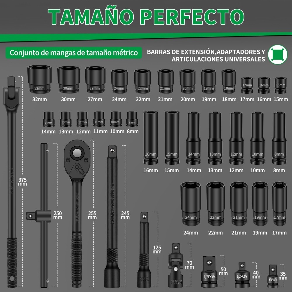 SHAWTY S0118 40-Piece 1/2" High Impact Socket Set, CR-V Steel with Extension Bar, Adapter & Joint