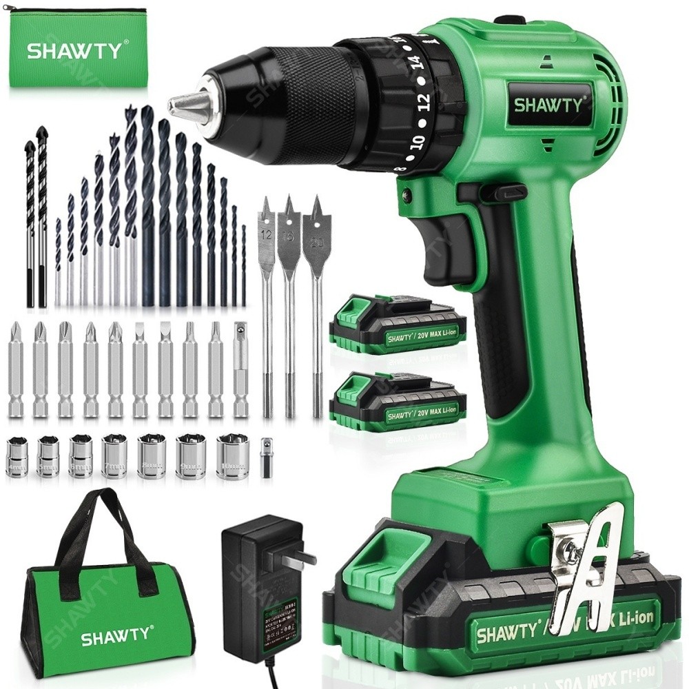 SHAWTY S0008B 1/2" 50N·m Brushless Cordless Drill 2×2000mAh, 20+3 Torque,2-Speed Hammer Drill +